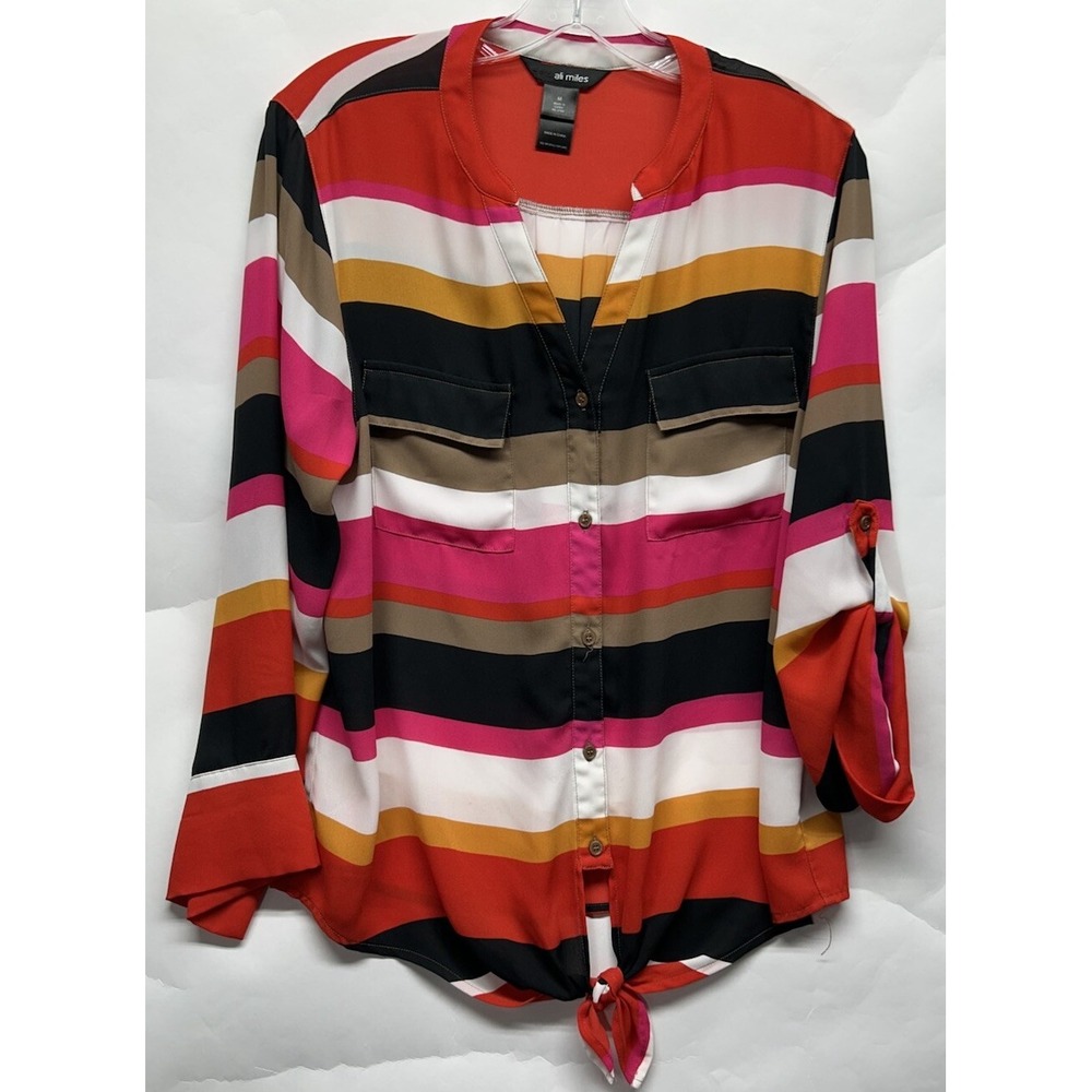 Ali Miles Womens Size M Red 3/4 Roll Tap Sleeve Striped Button Up Top (L7)